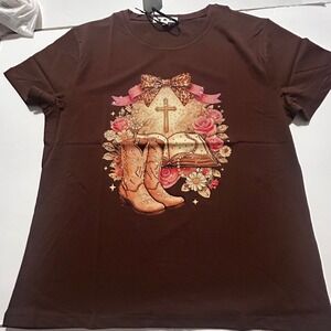Women Brown Western Graphic T-Shirt Rhinestone Cross Boots Bible L/XL NEW